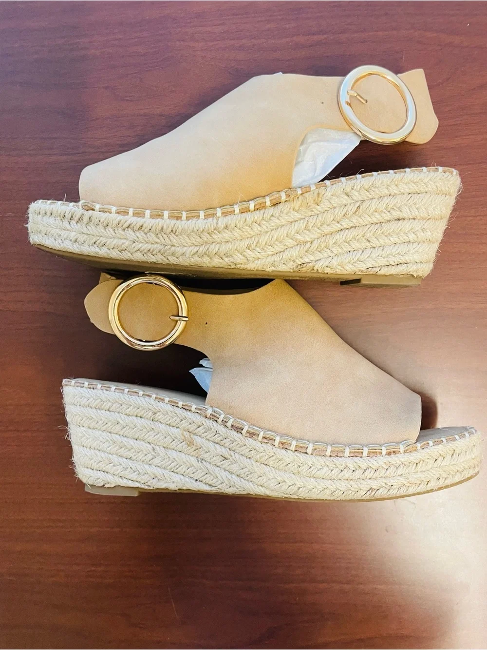 Catherine Malandrino Tan Open-Toe Wedge Espadrille with Gold Buckle